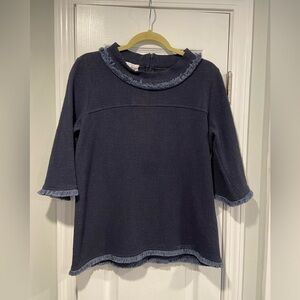 Sara Campbell Size M Navy Fringe Knit Top Made in USA Coastal Boucle Classic